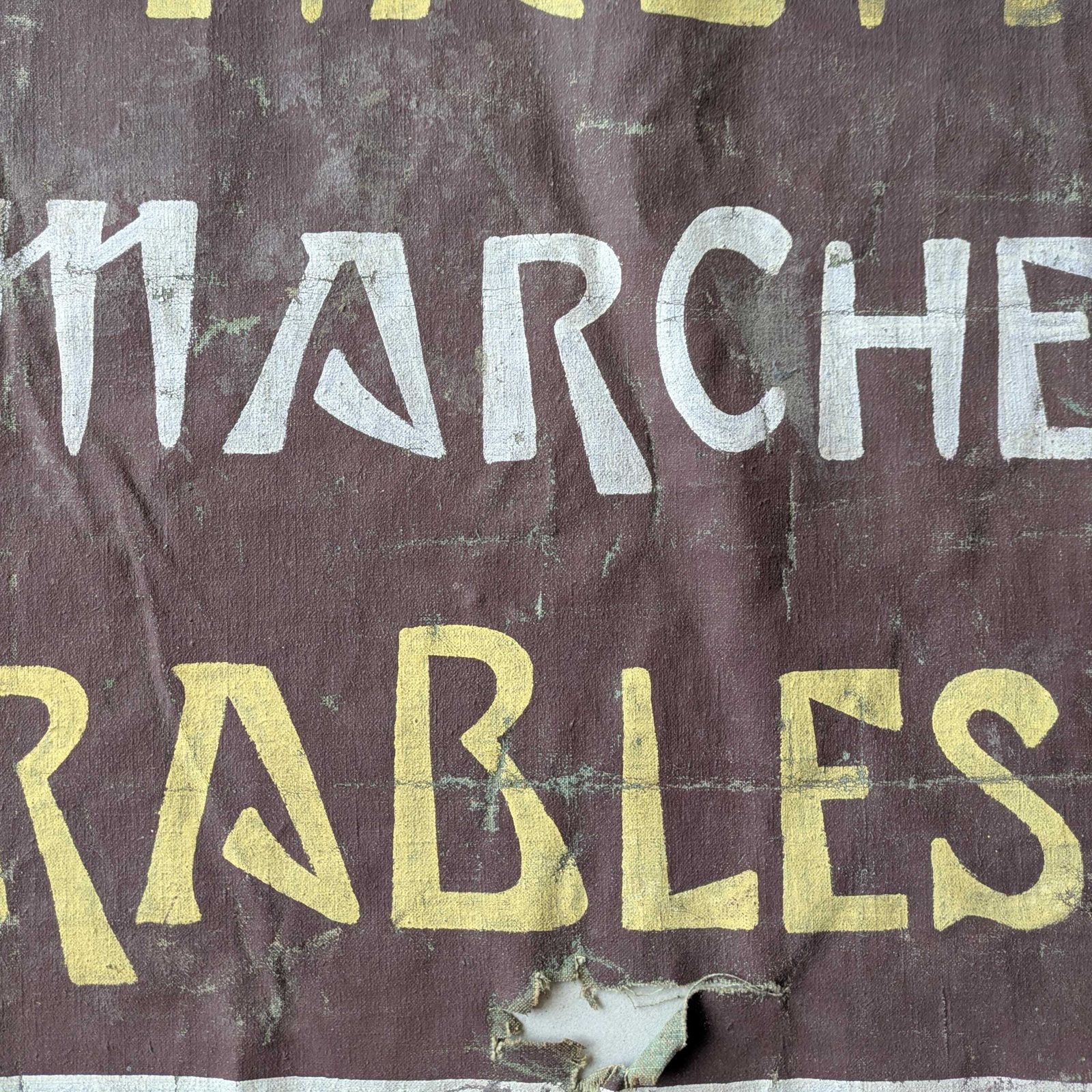 Antique French Advertising Haberdashery Boutique Sign Hand Painted Oilcloth Banner Gagne Petit Shop Display Primitive Folk Art Wall Hanging photo for sale