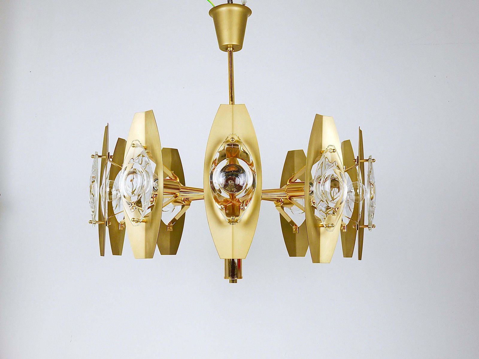 photo furniture Oscar Torlasco 25“ Brass Chandelier With Optical Prism Lenses, Italy, 1970s