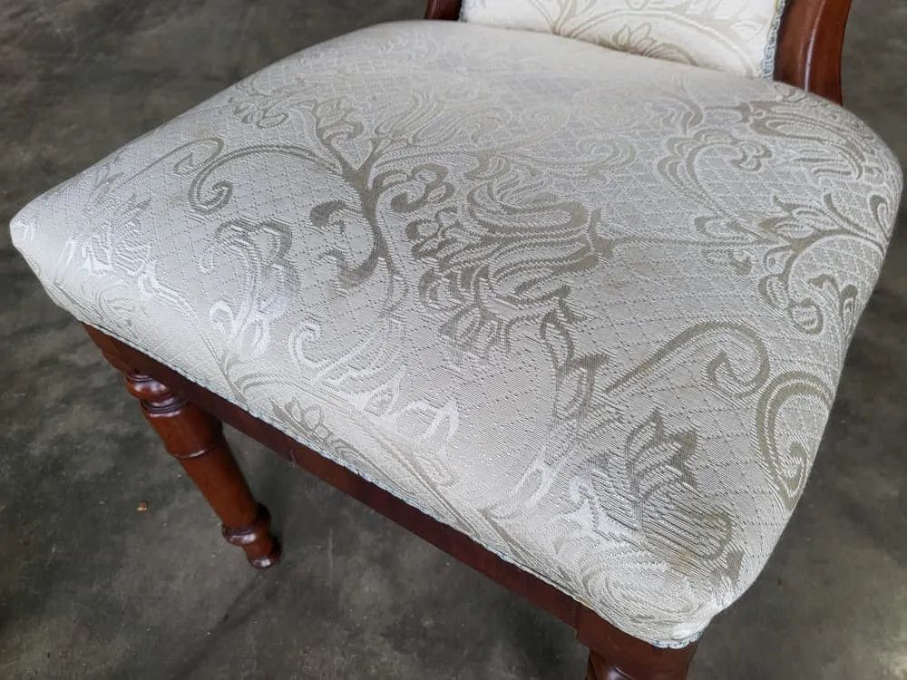 Antique Victorian Open Bedroom Bathroom Chair White Damask Material photo furniture