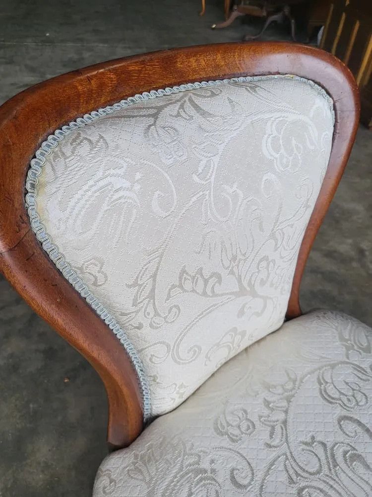 Antique Victorian Open Bedroom Bathroom Chair White Damask Material photo for sale