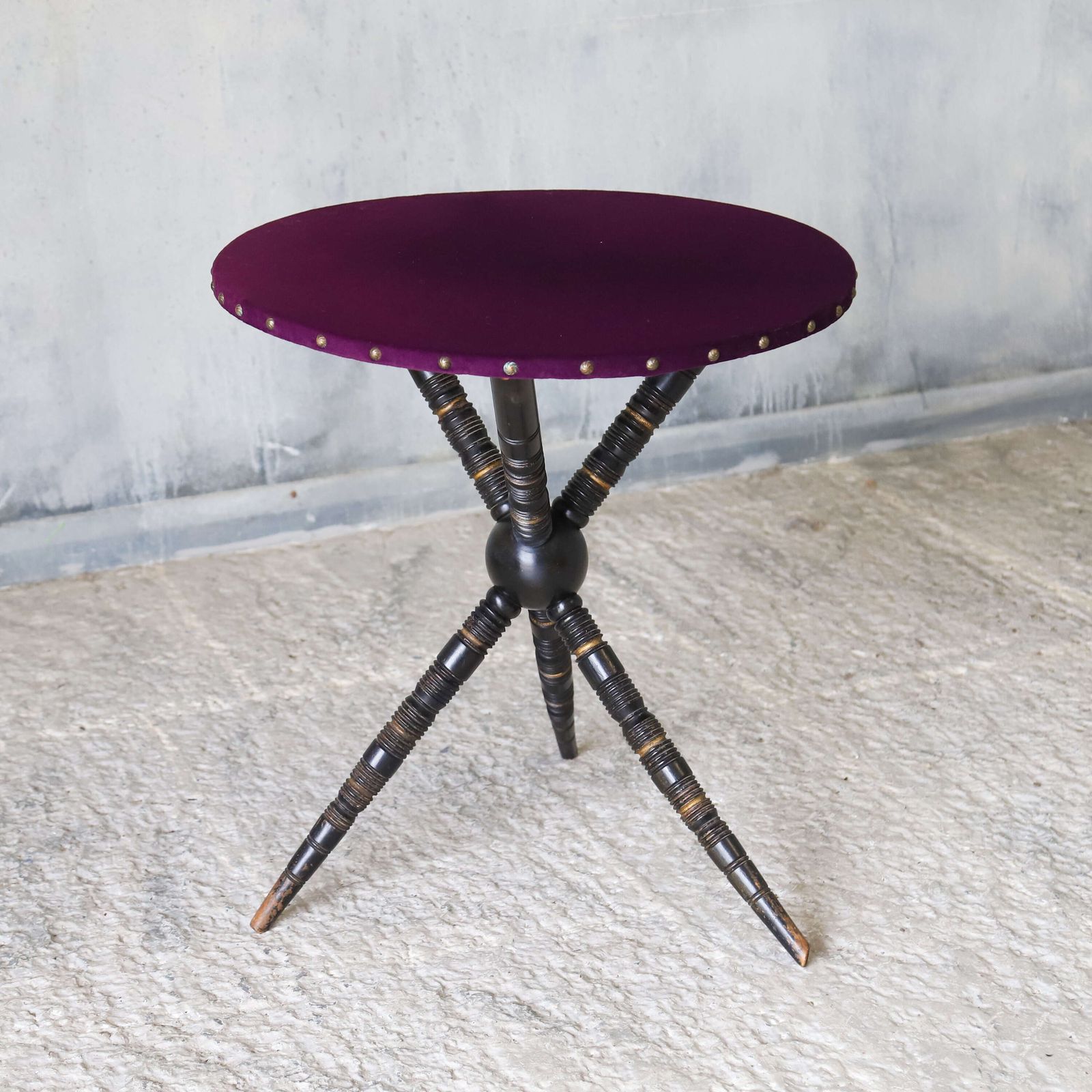 Aesthetic Movement Circular Ebonised ‘Gypsy Table’ In Designer's Guild Purple Velvet photo for sale