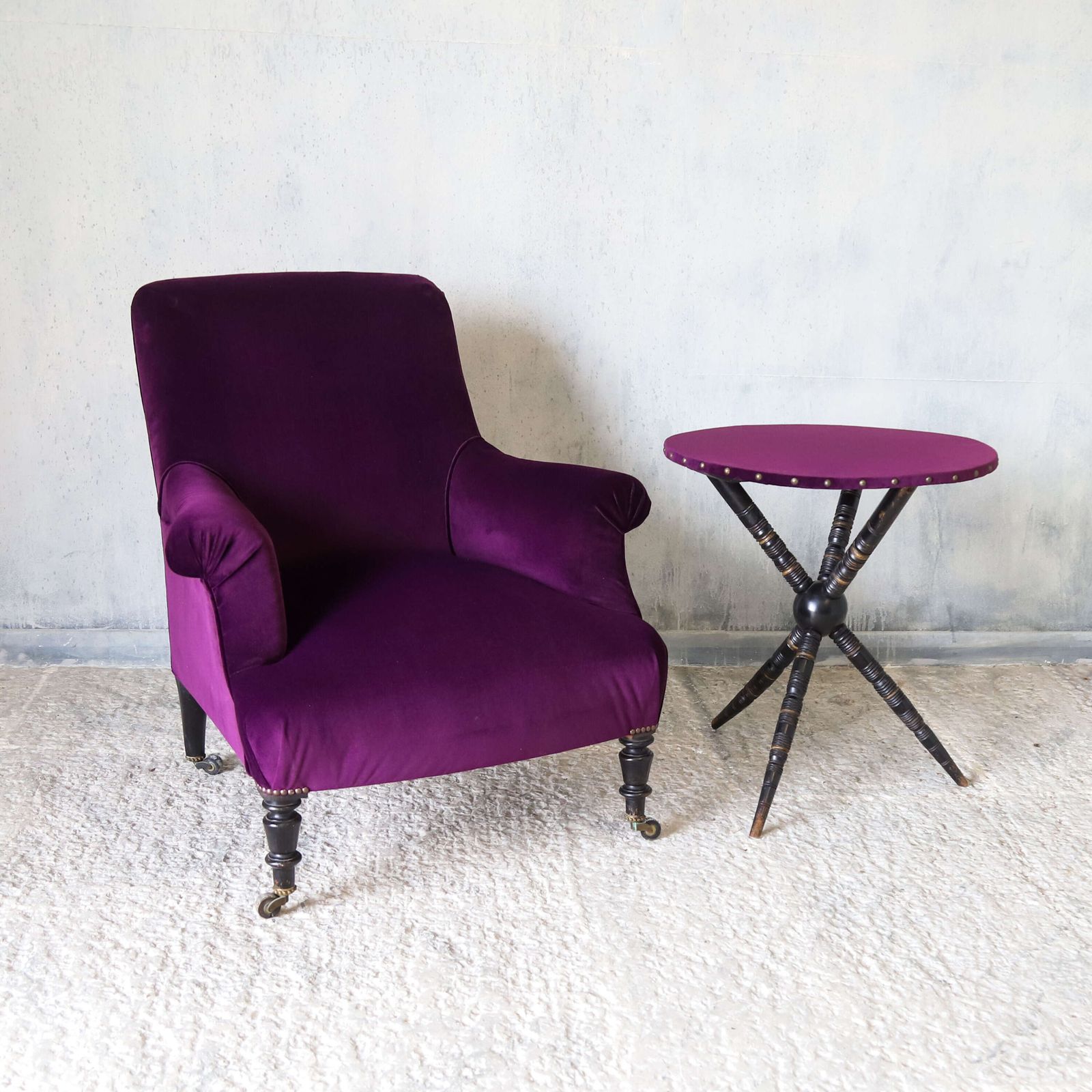 Antique Napoleon III Armchair Recovered In Designers Guild Purple Velvet photo vintage