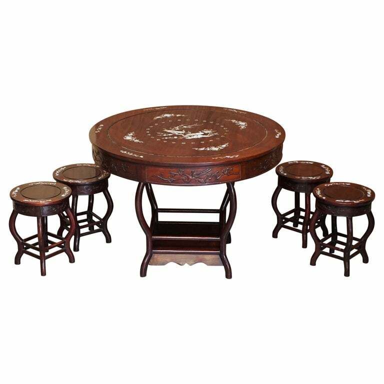 Antique Chinese 1900 Ming Dynasty Rosewood Mother Of Pearl Inlaid Table & Stools