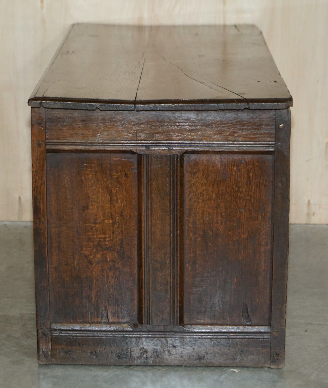 photo for sale 1642 Dated Charles I / Jacobean Hand Carved English Oak Coffer Linen Chest Trunk