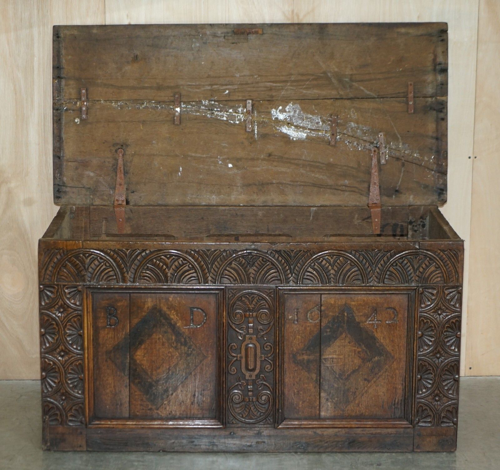Furniture 1642 Dated Charles I / Jacobean Hand Carved English Oak Coffer Linen Chest Trunk photo