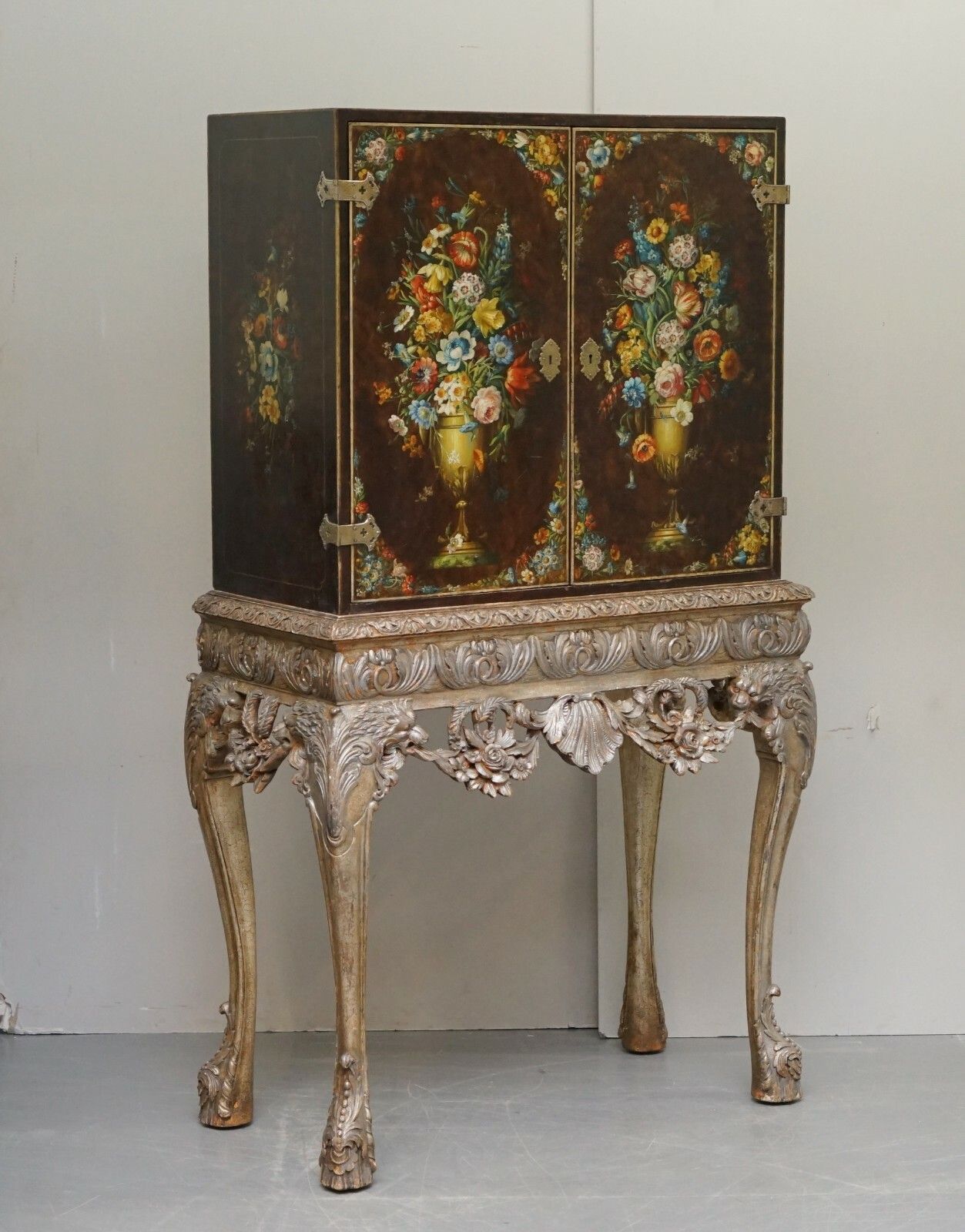 1840 Italain Venetian Cabinet On Stand Polychrome Painted & Lion Heads Carvings photo furniture