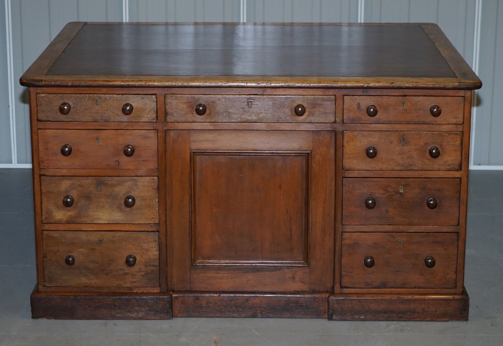Antique English Victorian Double Sided Oak Twin Pedestal 18 Drawer Kneehole Desk photo vintage