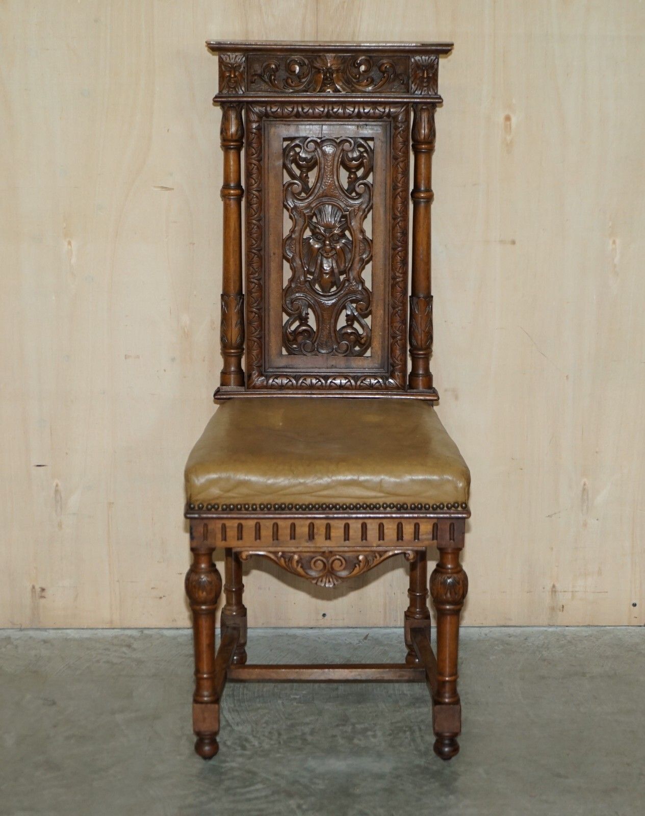 Six Antique Hand Carved Walnut Brown Leather Gothic Revival Dining Chairs 6 photo Furniture