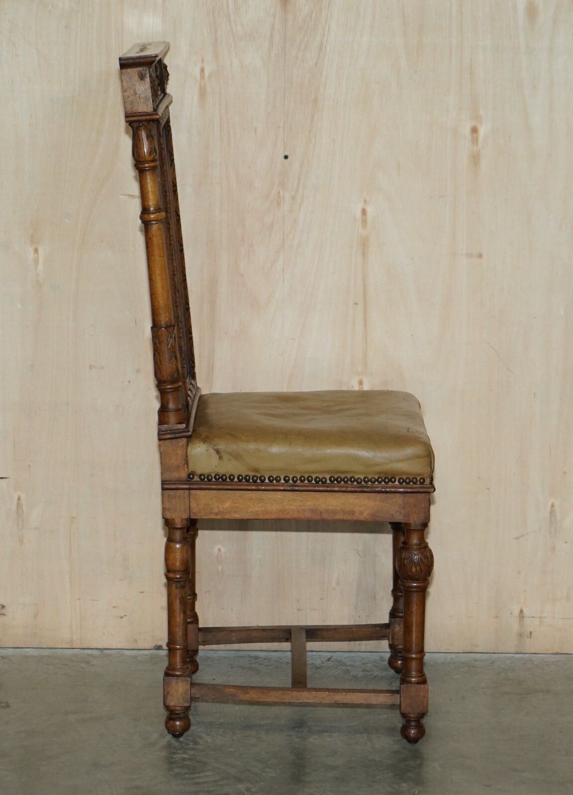 Six Antique Hand Carved Walnut Brown Leather Gothic Revival Dining Chairs 6 photo vinterior