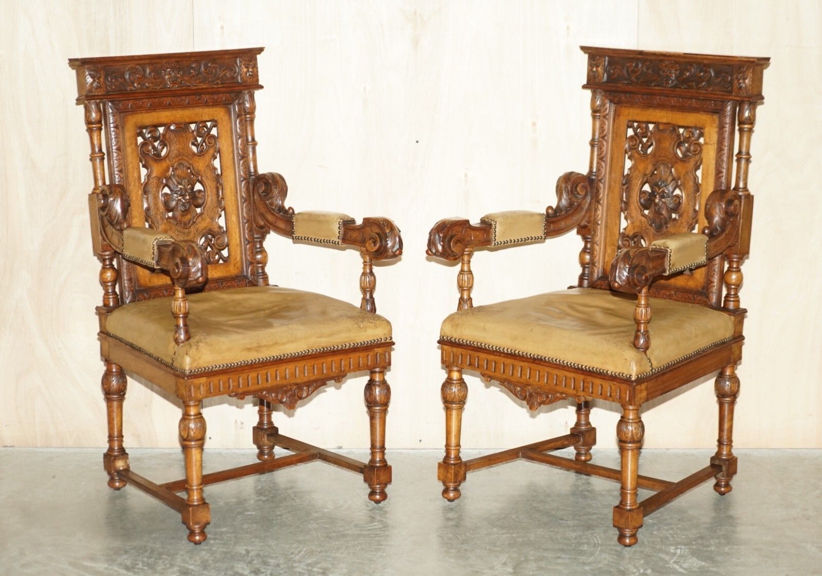 Six Antique Hand Carved Walnut Brown Leather Gothic Revival Dining Chairs 6 photo vintage