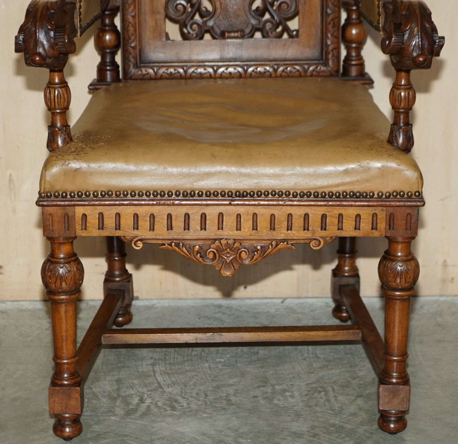 3950.0 Six Antique Hand Carved Walnut Brown Leather Gothic Revival Dining Chairs 6 photo