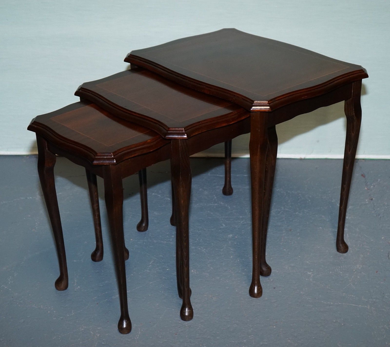 Vintage Hardwood Nest Of Tables With Inlay Queen Anne Style photo for sale