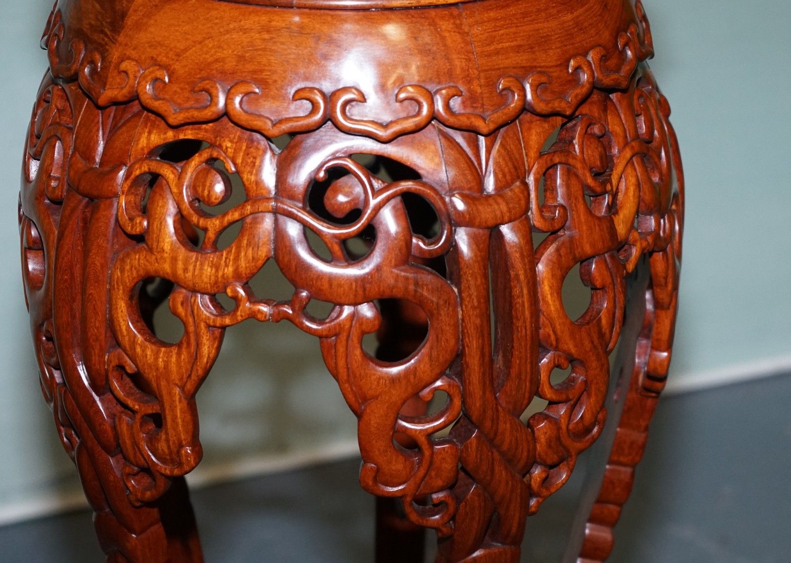 Chinese Hardwood Plant Stand With Pierced Design & Cabriole Legs photo vintage