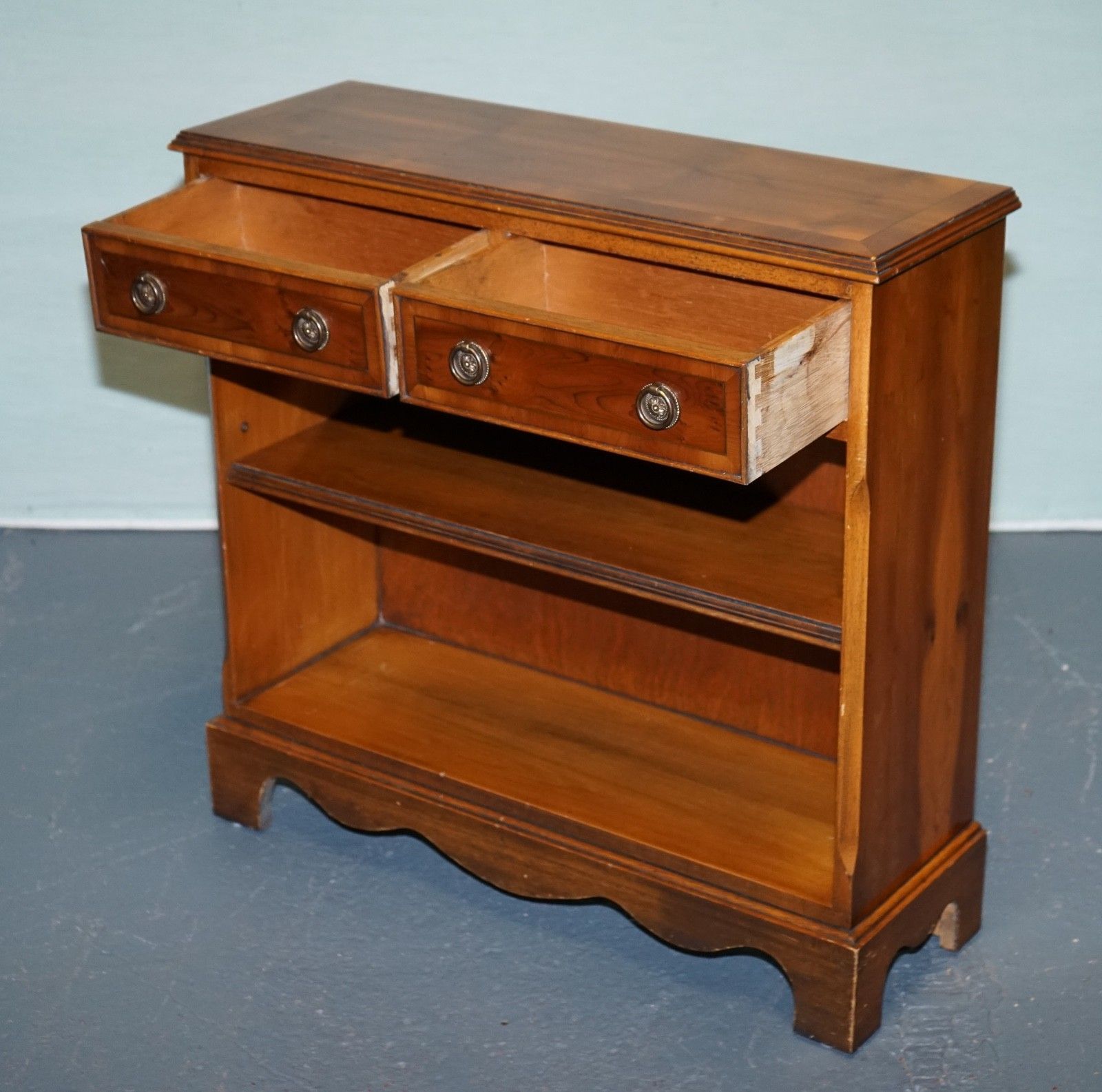 Elegant Vintage Yew Wood Low Dwarf Bookcase With Two Storage Drawers photo Furniture
