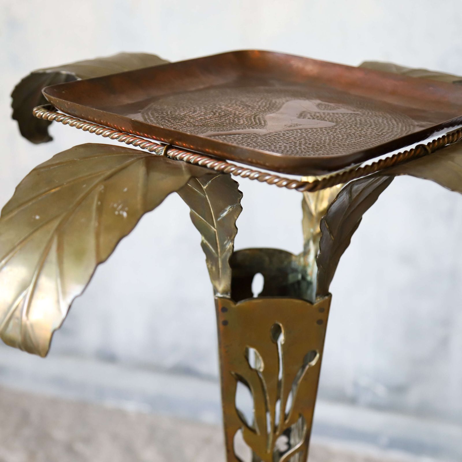 photo for sale Italian 1920s Decorative Art Nouveau Brass Side Table With Engraved Copper Tray