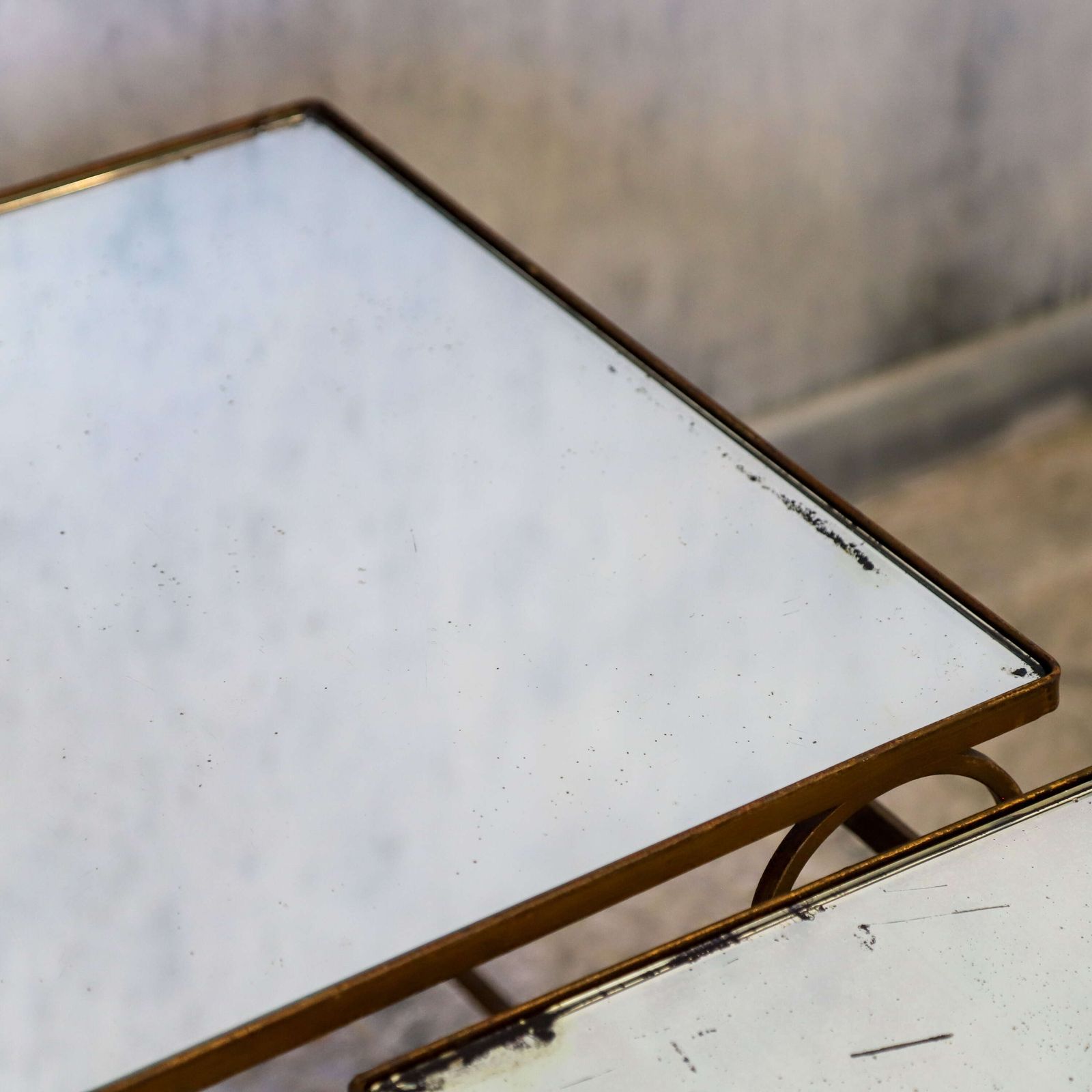 photo for sale Mid Century Italian Nest Of 3 Gilt Metal Tables With Distressed Mirrored Tops