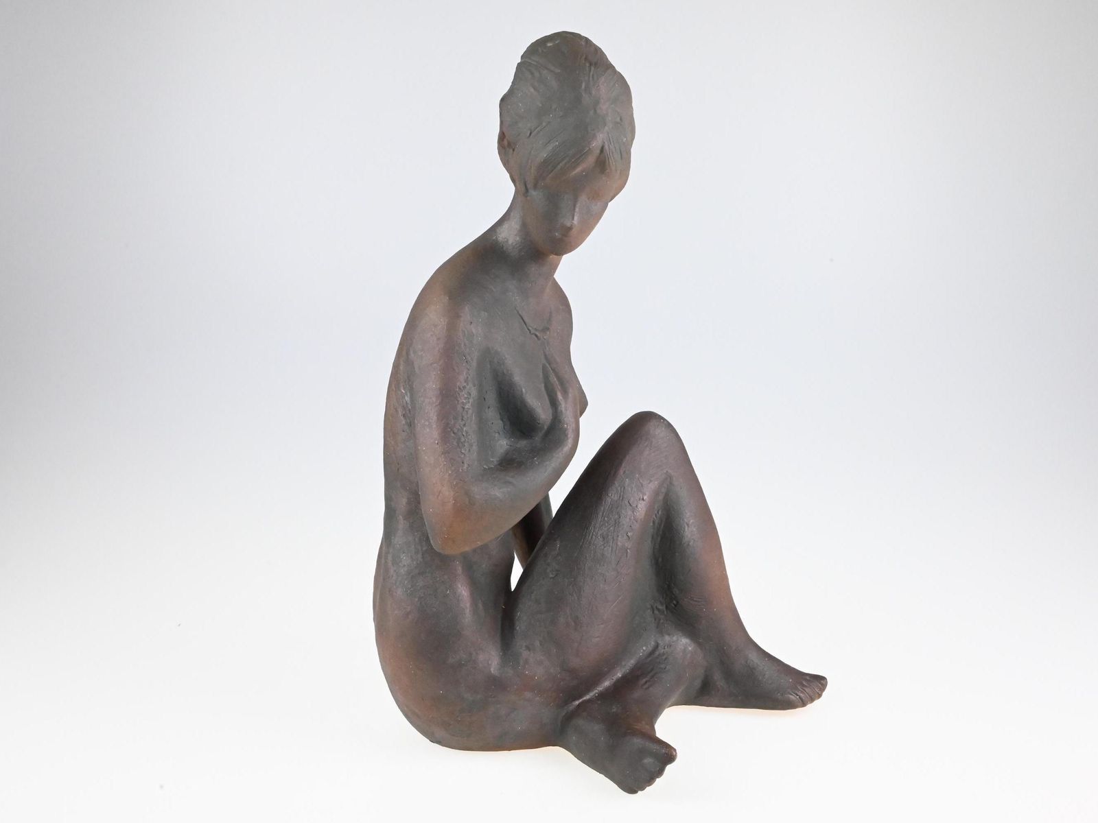 Bohumil Kokrda Ceramic Nude Statue, Mid Century Sculpture, Modernist Figurine, Seated Nude Statue, Ceramic Nude Sculpture, Brown Figurine photo for sale