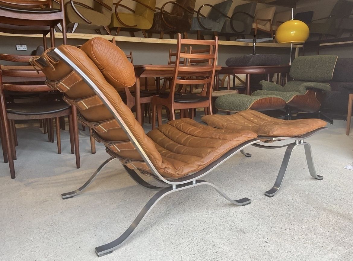 Arne Norell Leather And Chrome Ari Lounge Chair And Ottoman Mid Century photo vintage