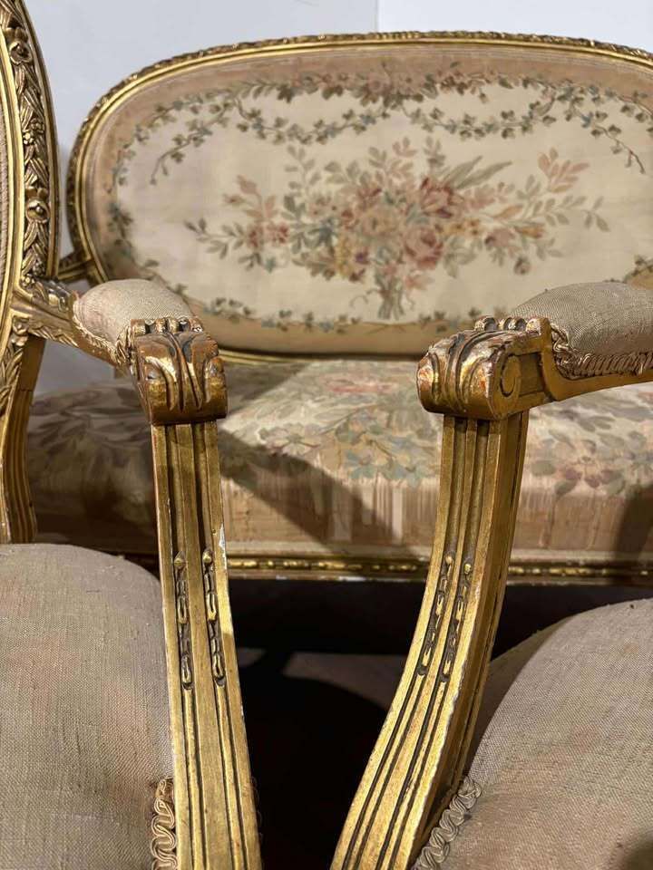 19th Century French Gilt & Moulded Tapestry Three Piece Salon Suite photo Furniture