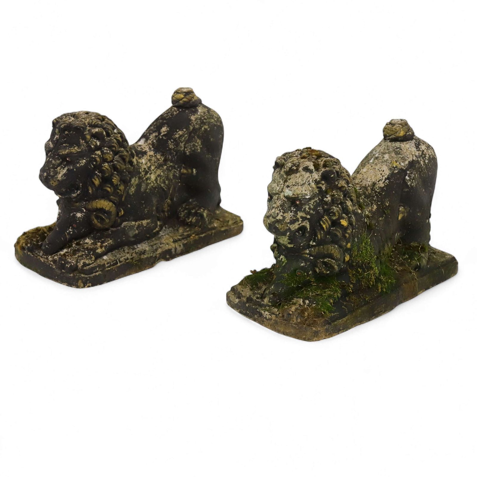 Pair Of Decorative Garden Ornament Lions With Rams Heads In Old Paint