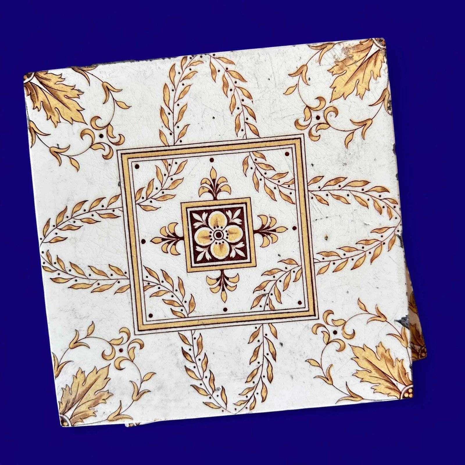 Antique Minton Victorian Tiles, 1891 Floral Transferware, Set Of 5, Yellow photo vinterior