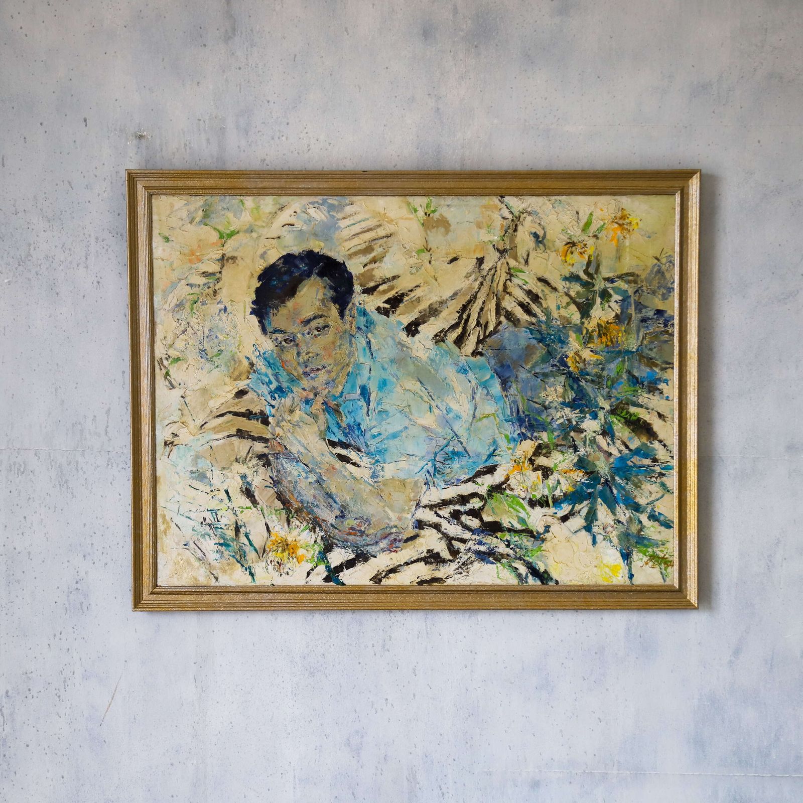 Large Mid Century Oil Painting On Canvas Of A Reclining Young Man photo for sale