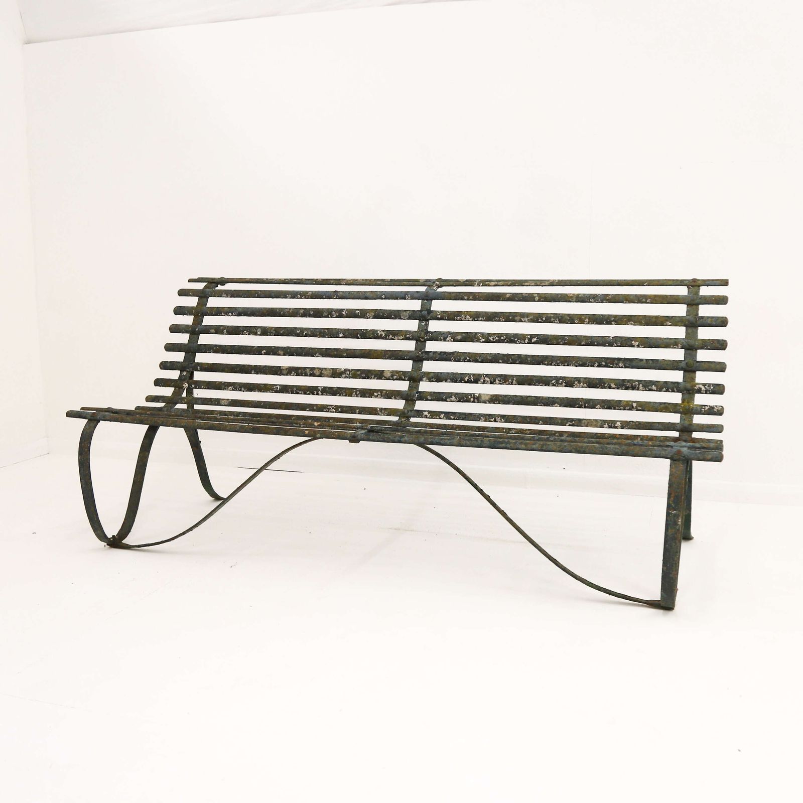 19th C Wrought Iron Strapwork Garden Bench With Scrolled Legs & Old Green Paint photo vinterior