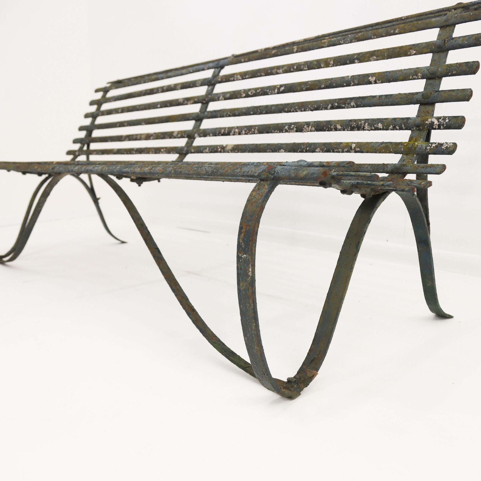 photo for sale 19th C Wrought Iron Strapwork Garden Bench With Scrolled Legs & Old Green Paint