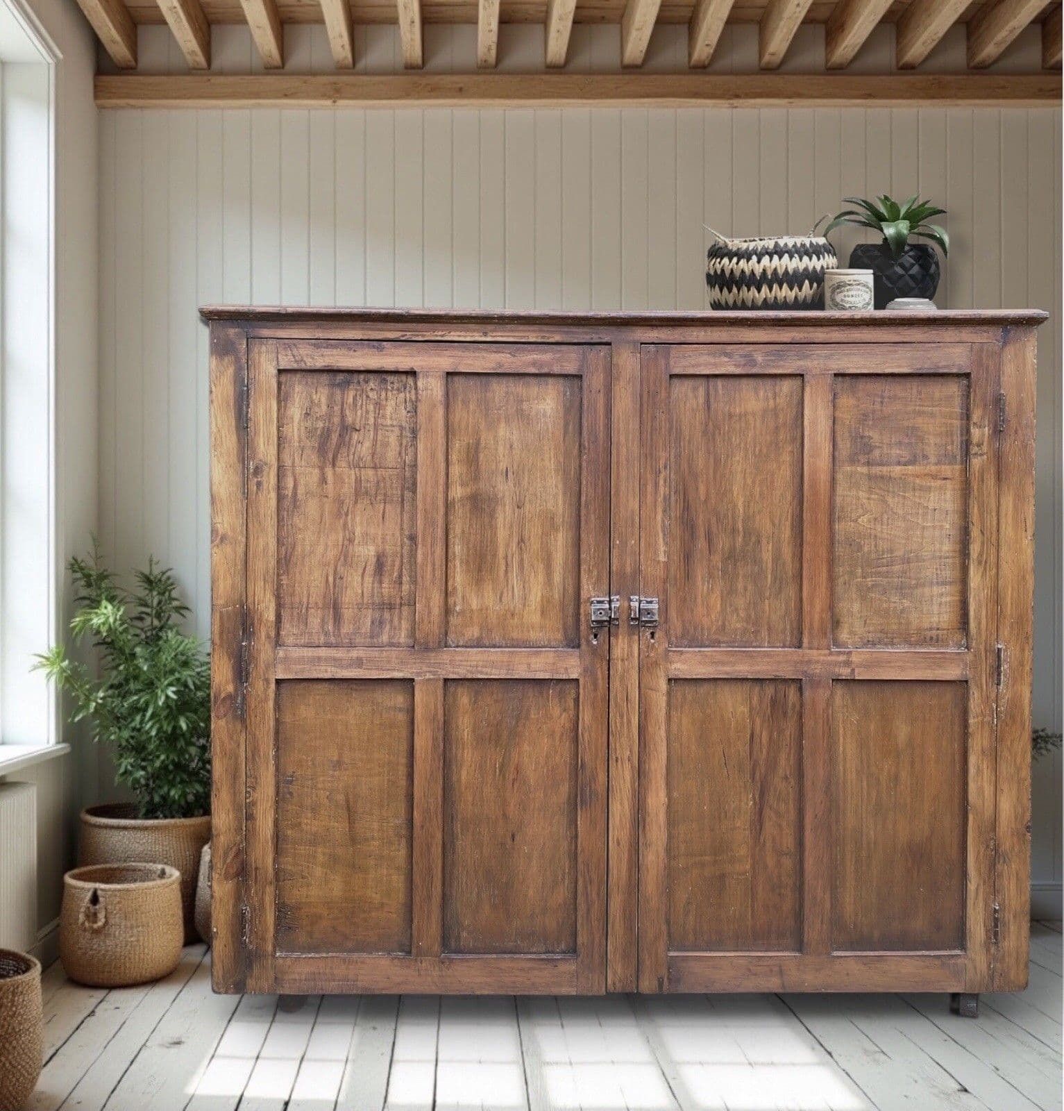 Furniture Rustic Large Antique Vintage Early 1900’s Pine And Ply School Cupboard photo