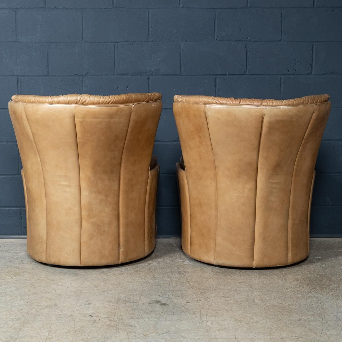 Vintage 20th Century Italian Pair Of Brown Leather Armchairs By Lev & Lev C.1970 photo 1932.0