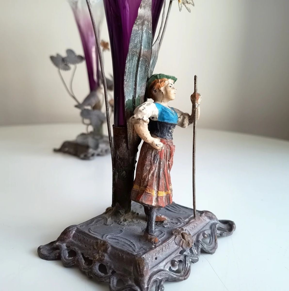 Two Vienna School Art Nouveau Floriform Glass Solifleur Vases With Cold Painted Metal Pedestals Wilhelm Kralik Sohne Style Circa 1890–1910 photo 490.0