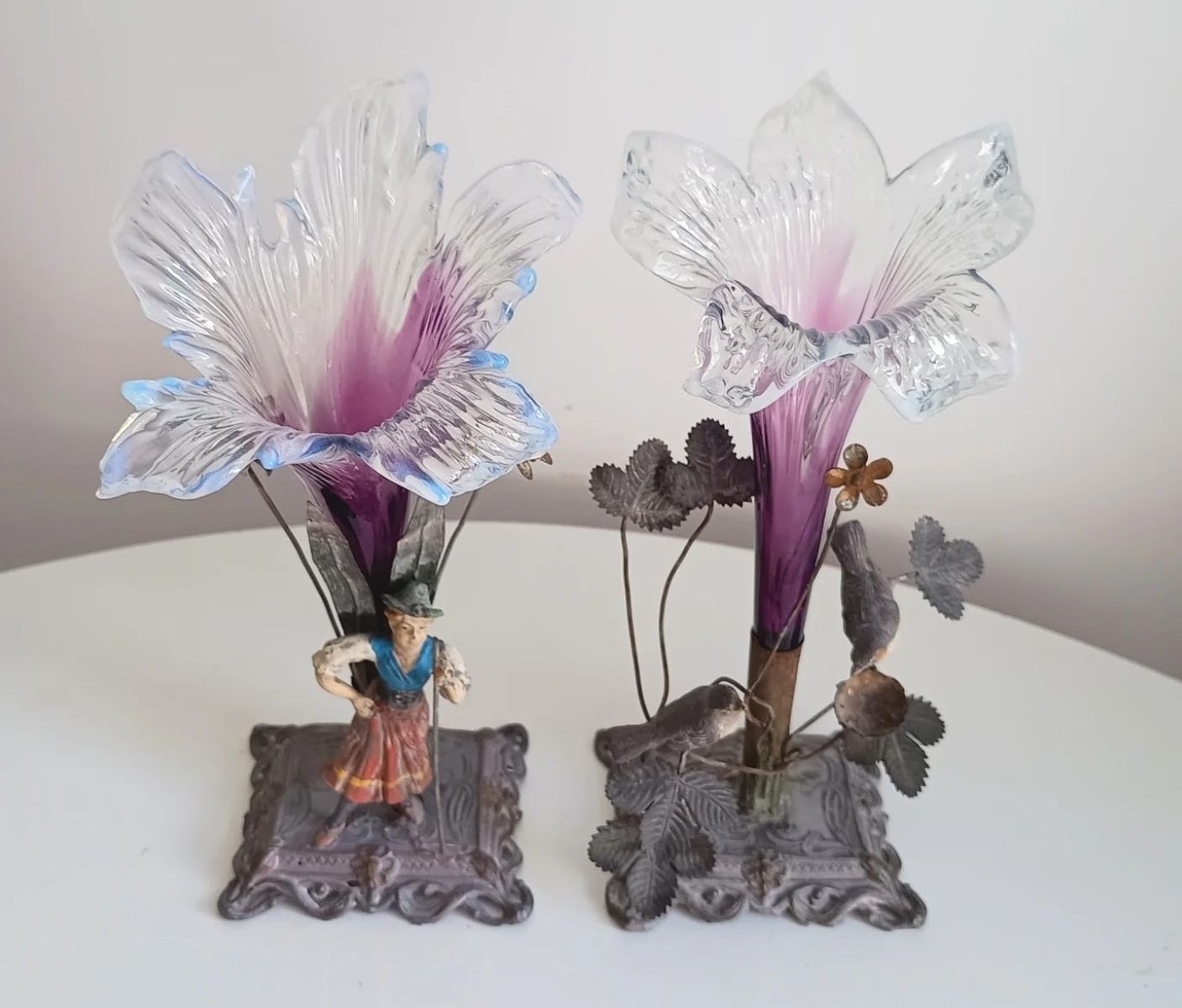 490.0 Two Vienna School Art Nouveau Floriform Glass Solifleur Vases With Cold Painted Metal Pedestals Wilhelm Kralik Sohne Style Circa 1890–1910 photo