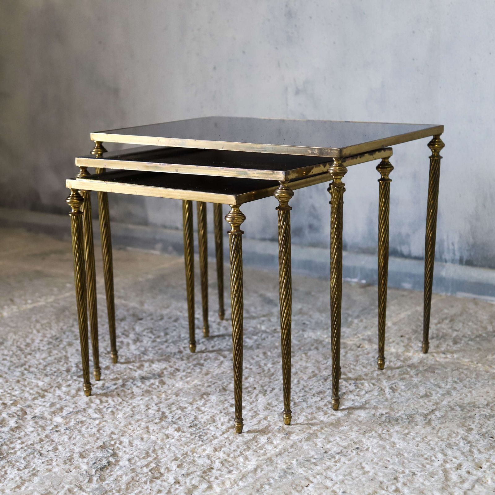 1950s English Nest Of Three Brass Tables With Mirrored Glass Tops photo vintage
