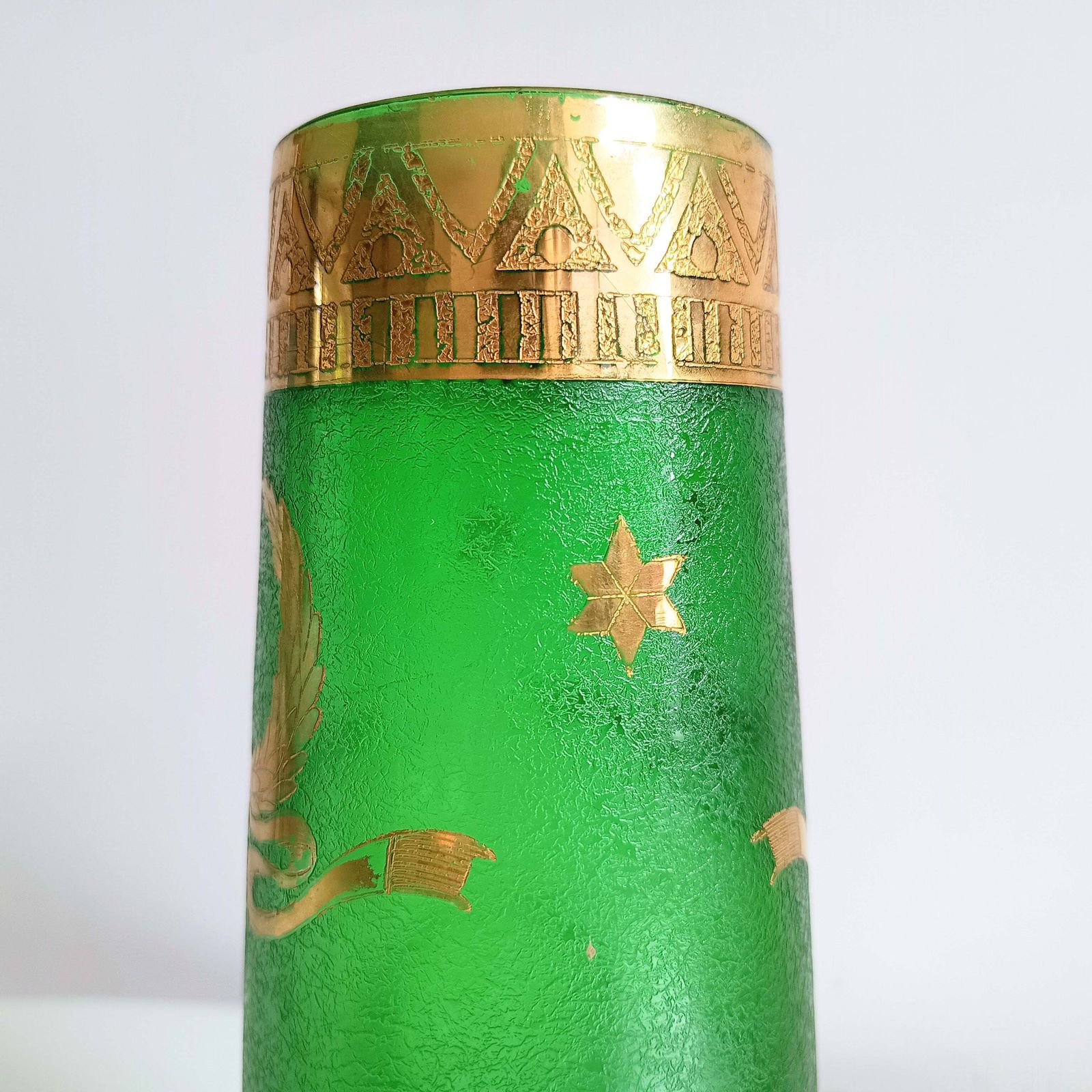 photo for sale Art Nouveau Emerald Or Nile Green Glass Vase, Acid Etched, Legras Montjoyes C. 1880s