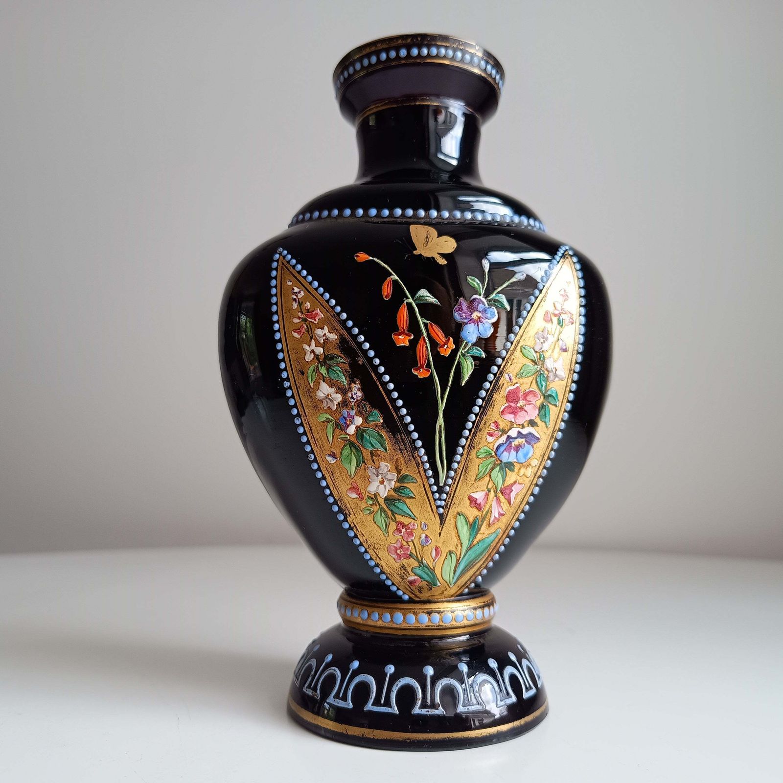 Rare Antique French Enamelled Black Glass Vase — Attributed To Legras Or Mont Joye, Neo Grec Belle époque 1885–1900
