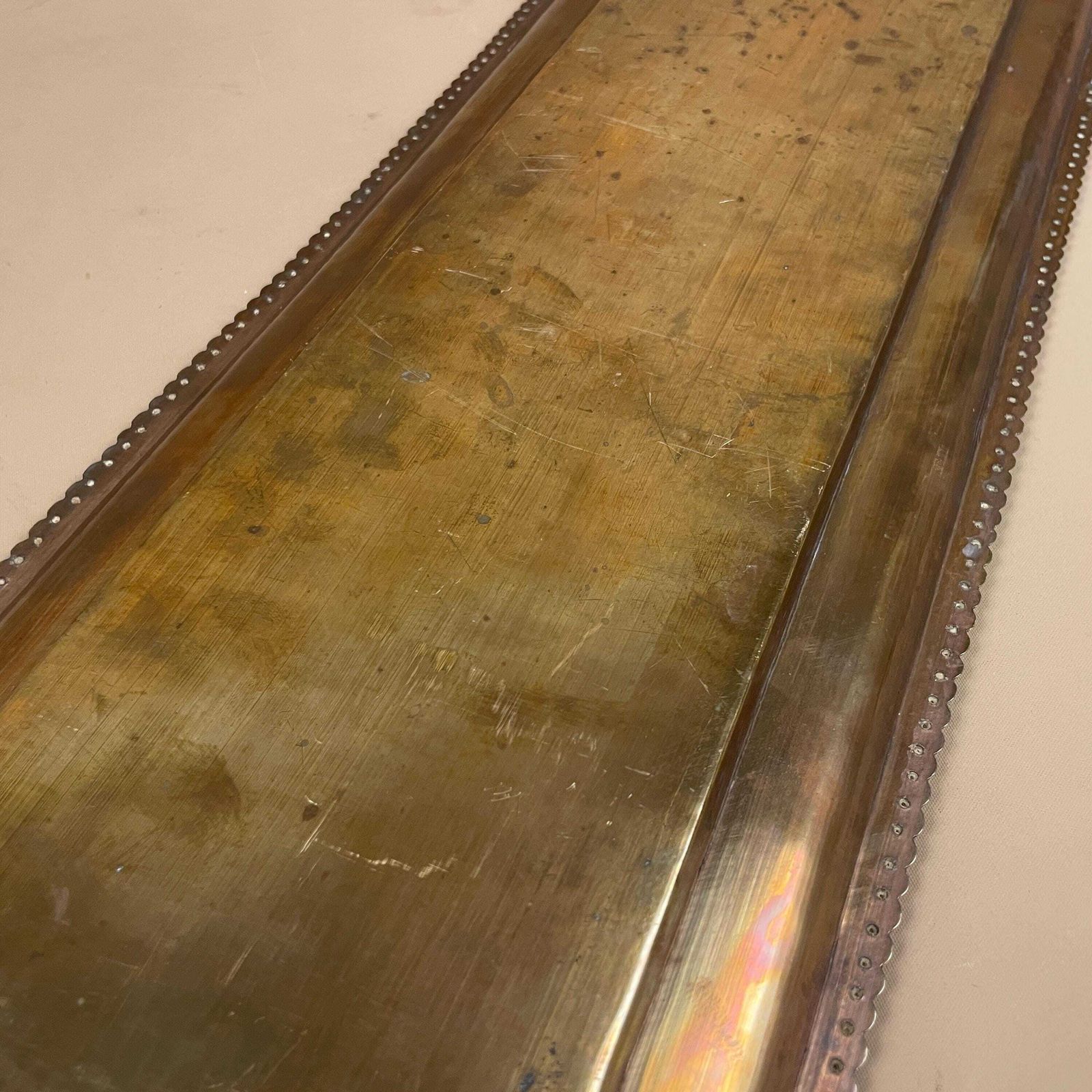 photo for sale Antique Metal Gold Indian Patterned Brass Tray 75x20cm Plate Rectangle Handmade Etched Intricate Decorative Patterned Wall Handles Vintage