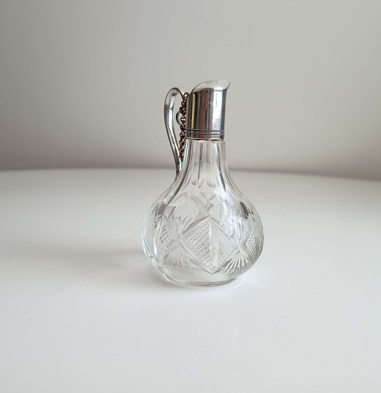 Vintage Fine Dining Cut Glass Bottle White Metal Neck, Handle Chained Stopper, Georgian Style photo vinterior