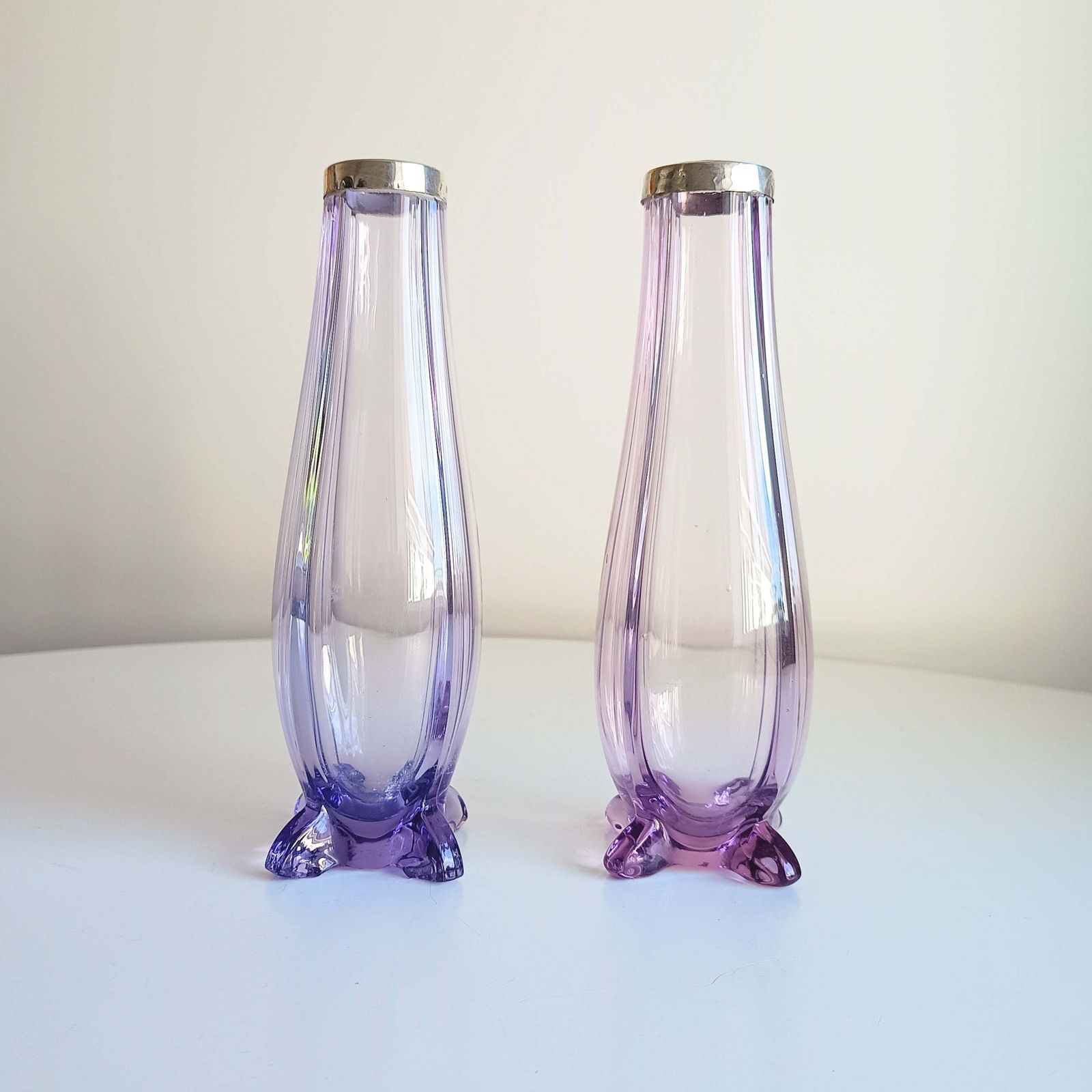 Antique Pair Of Bohemia Export Amethyst Purple Glass Vases, London Hallmarked To David Loebl, Schindler, Sterling Silver Collars 1920s