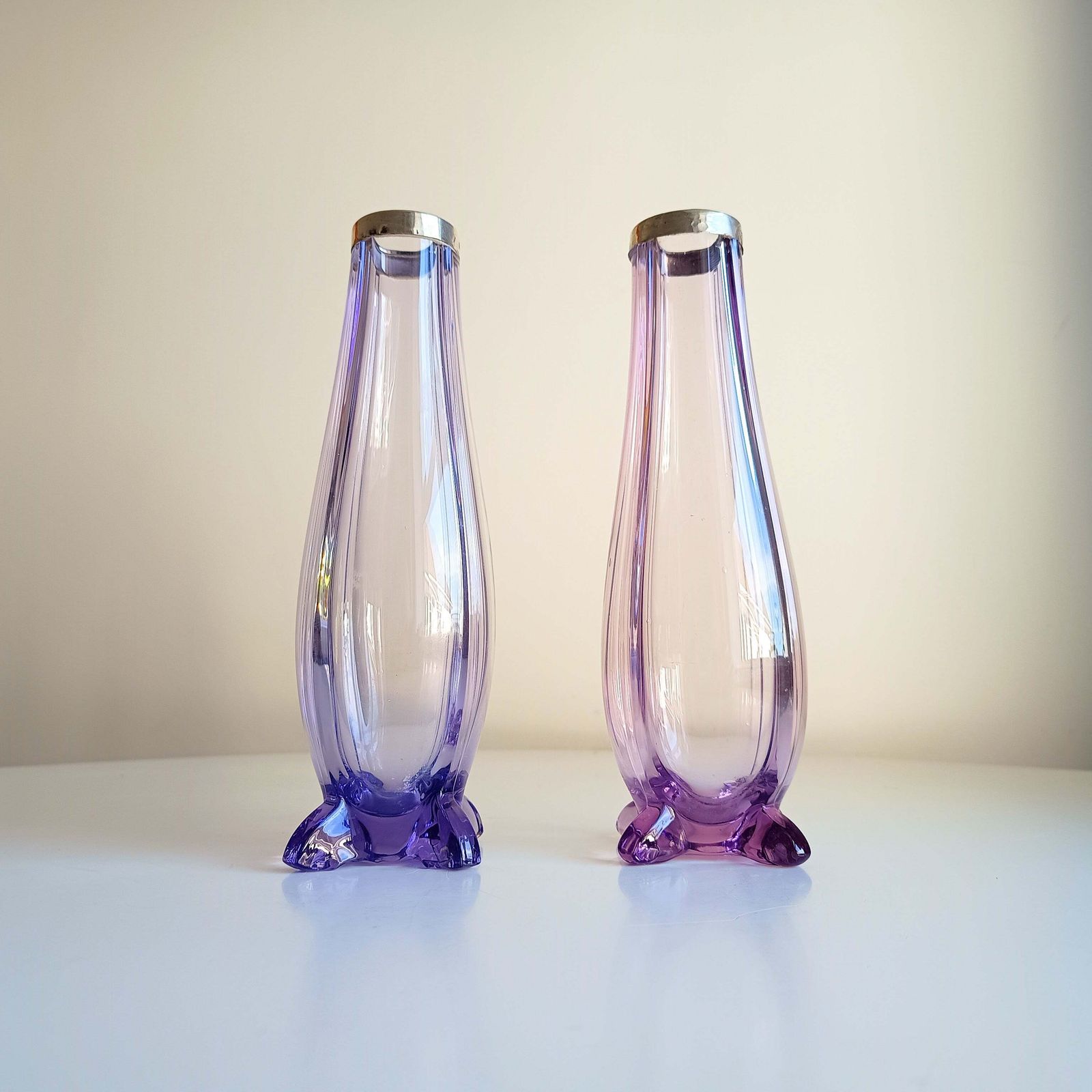 Antique Pair Of Bohemia Export Amethyst Purple Glass Vases, London Hallmarked To David Loebl, Schindler, Sterling Silver Collars 1920s photo furniture