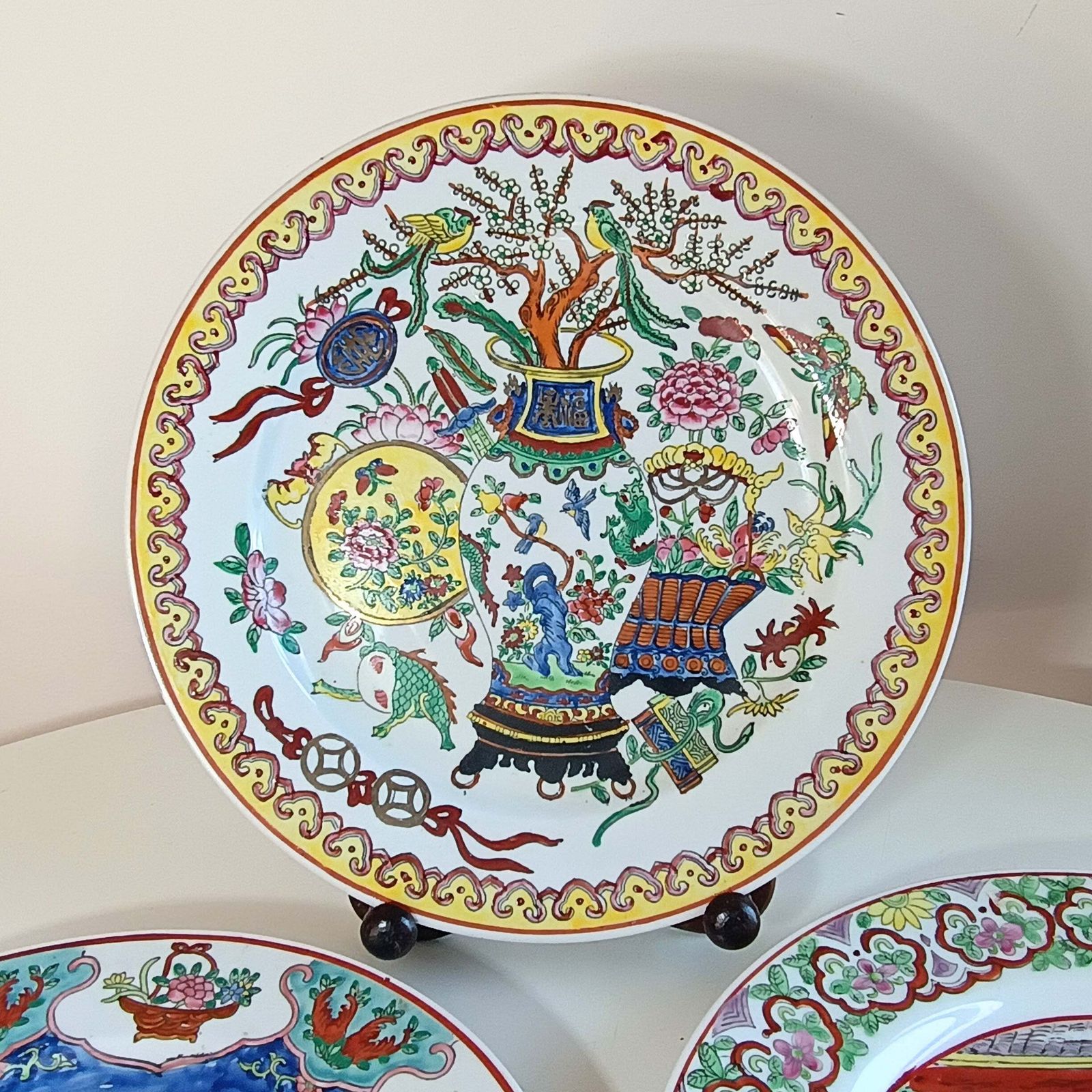 Midcentury Vintage Hand Painted Decorative Plates Pseudo Qianlong Mark Zhi Famille Rose Medallion: Dragon, Family Scene And Vase, C 1960s photo furniture
