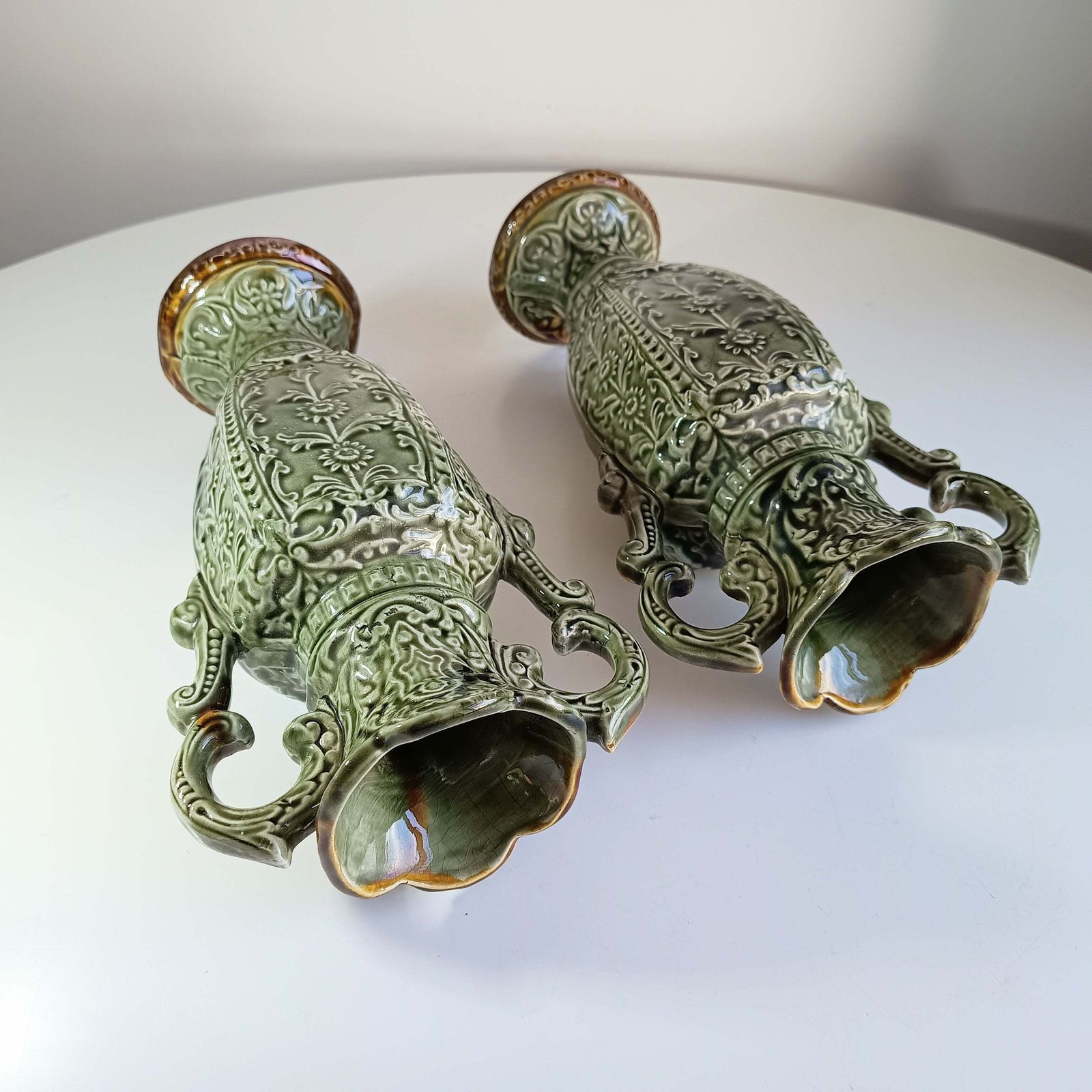 Art Nouveau Majolica Twin Handled Vases – Edwardian Staffordshire, Pair photo Home Decor