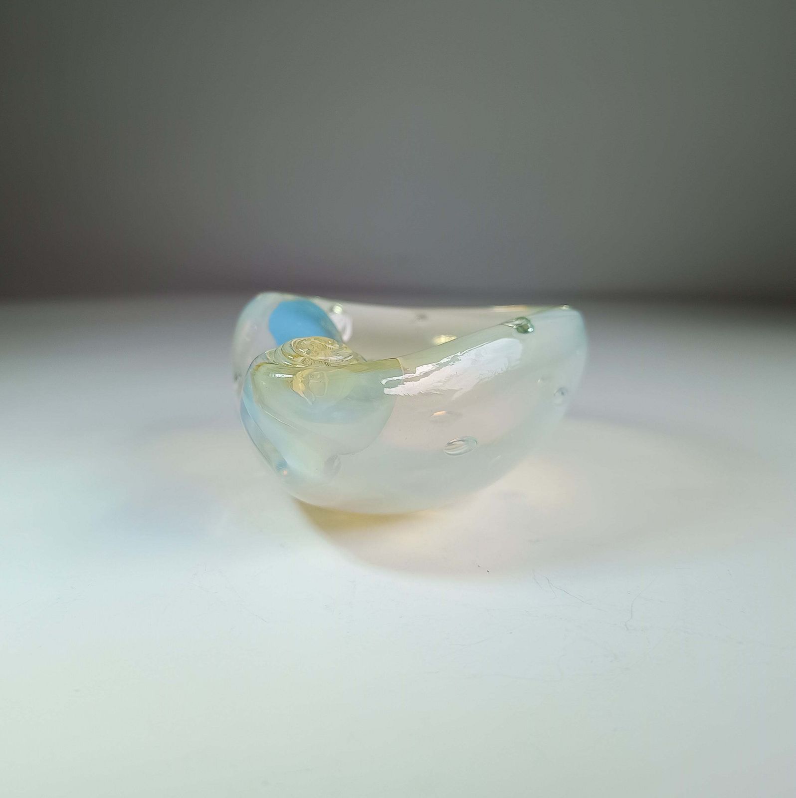 Authentic Vintage Midcentury Murano Opalescent Art Glass Bowl With Controlled Bubbles In Off White With Rainbow Pink And Yellow Flare photo Home Decor