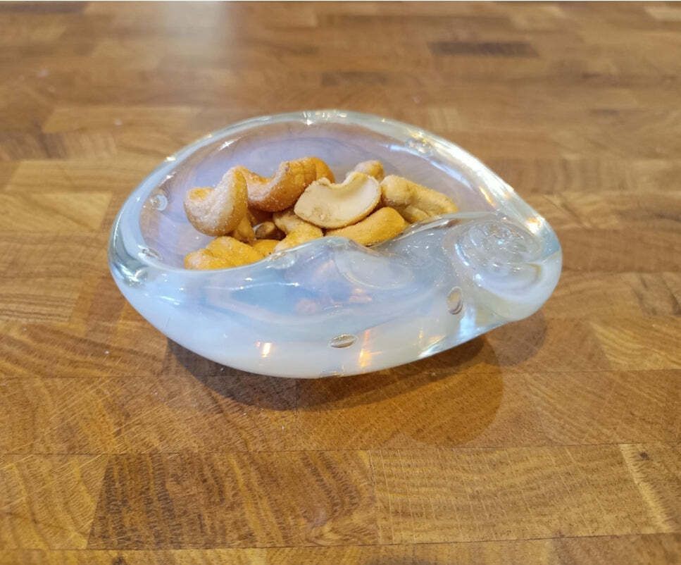 Authentic Vintage Midcentury Murano Opalescent Art Glass Bowl With Controlled Bubbles In Off White With Rainbow Pink And Yellow Flare photo vinterior