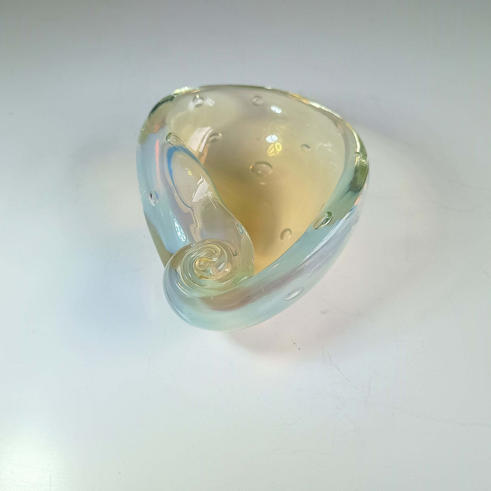 photo buy Authentic Vintage Midcentury Murano Opalescent Art Glass Bowl With Controlled Bubbles In Off White With Rainbow Pink And Yellow Flare