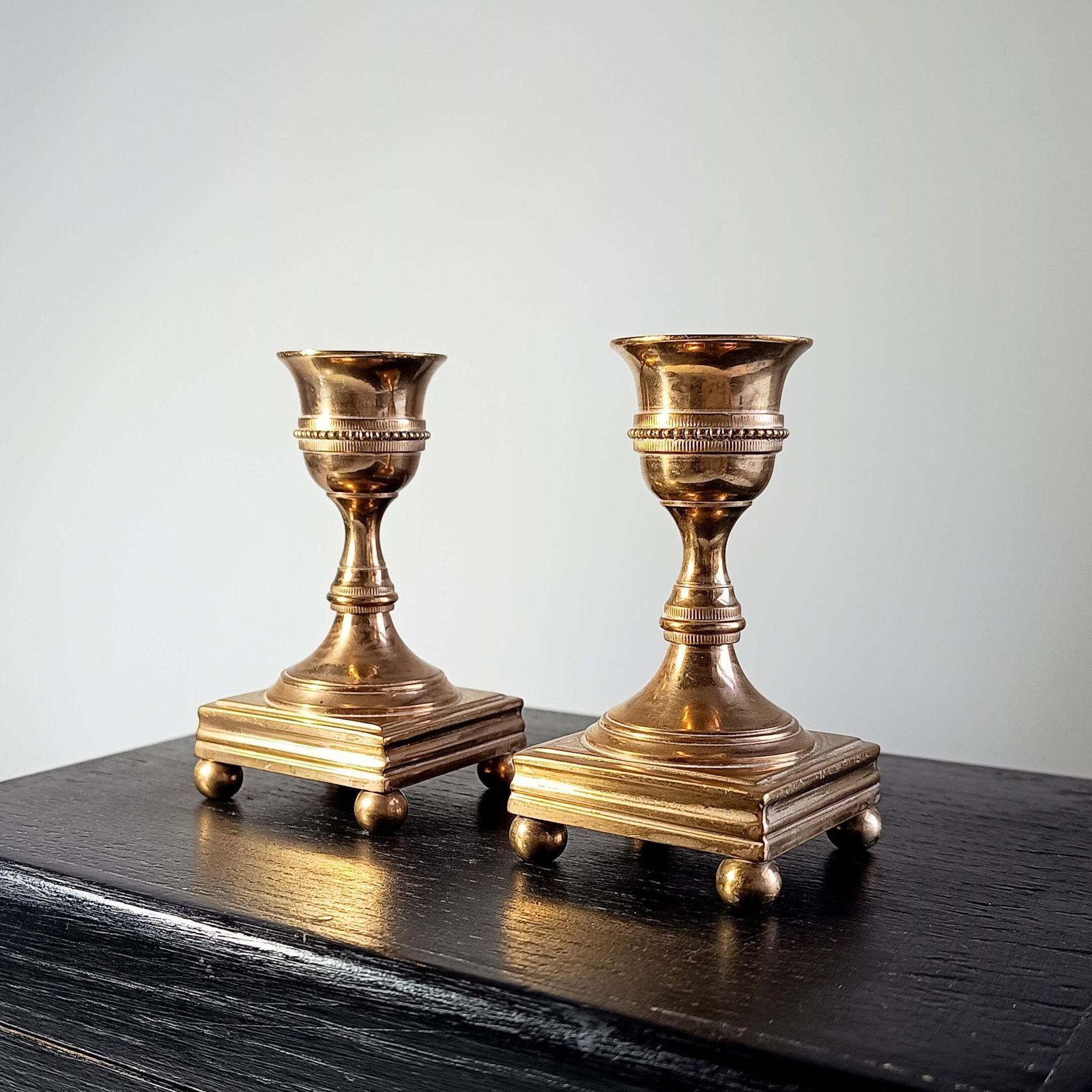 Pair Of Vintage Swedish Brass Candle Holders – Erik Jonsson Gelbgjuteri, Gustavian Style photo for sale