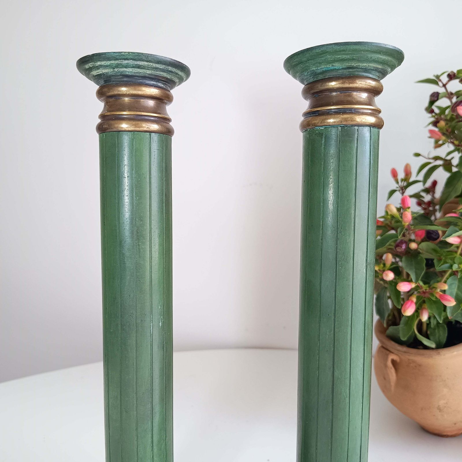 Pair Of Grand Heavy Bronze Neoclassical Column 3 Part Candlesticks In The Style Or By Jacques Adnet C 1930s Empire Revival Art Deco France photo Home Decor