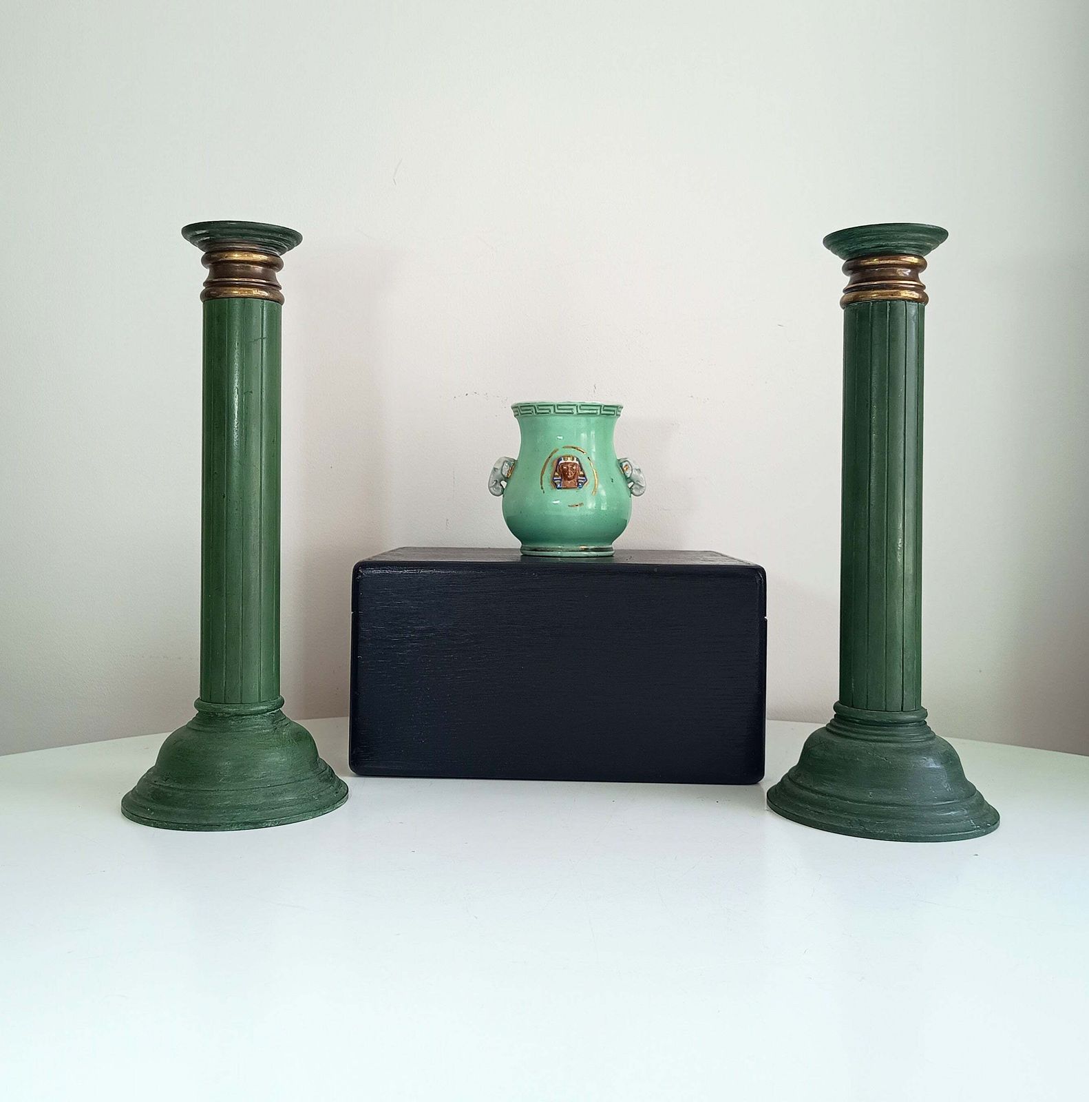 Pair Of Grand Heavy Bronze Neoclassical Column 3 Part Candlesticks In The Style Or By Jacques Adnet C 1930s Empire Revival Art Deco France photo vintage