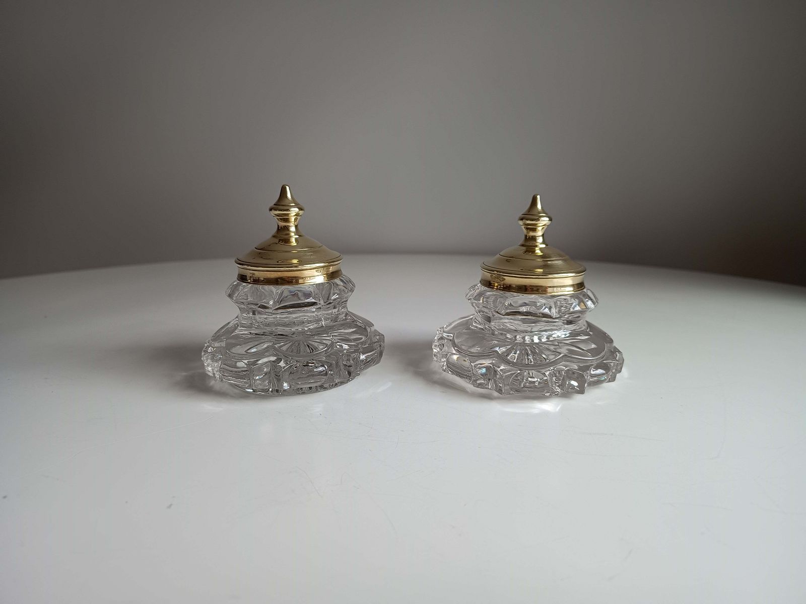 Home Decor Pair Of Antique Russian Pressed Cut Glass Inkwells “Maltsov” | Goose Crystalni Factory | Circa Late 19th Century photo