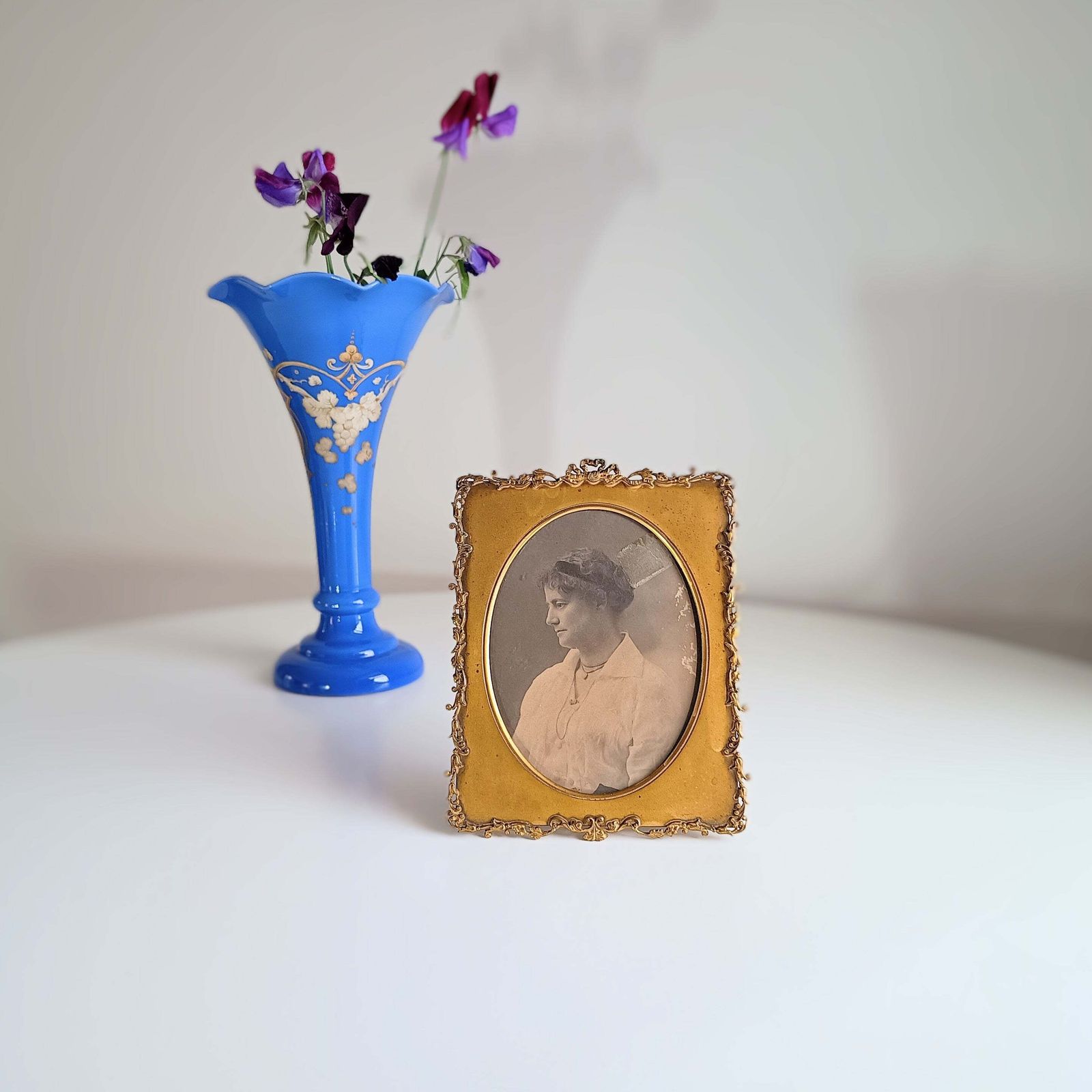 Antique French Gilt Brass Picture Frame With 1900 Photographic Portrait Of An Edwardian Lady – Velvet Back And Dore Bronze Easel Stand