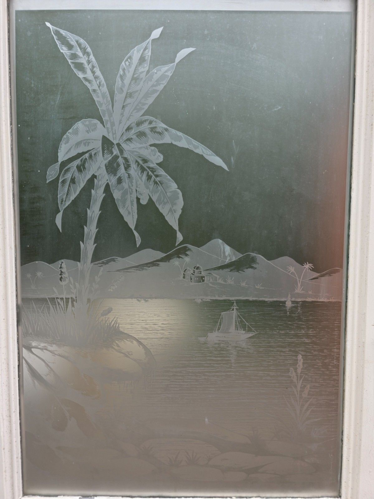 Antique Internal Etched Glass Door With Mediterranean Scene photo 250.0